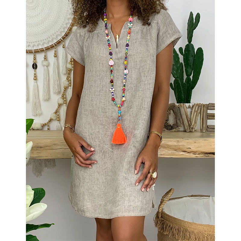 Women Loose V Neck Cotton Linen T-Shirt Casual Oversized Top Blouse Dress Plus