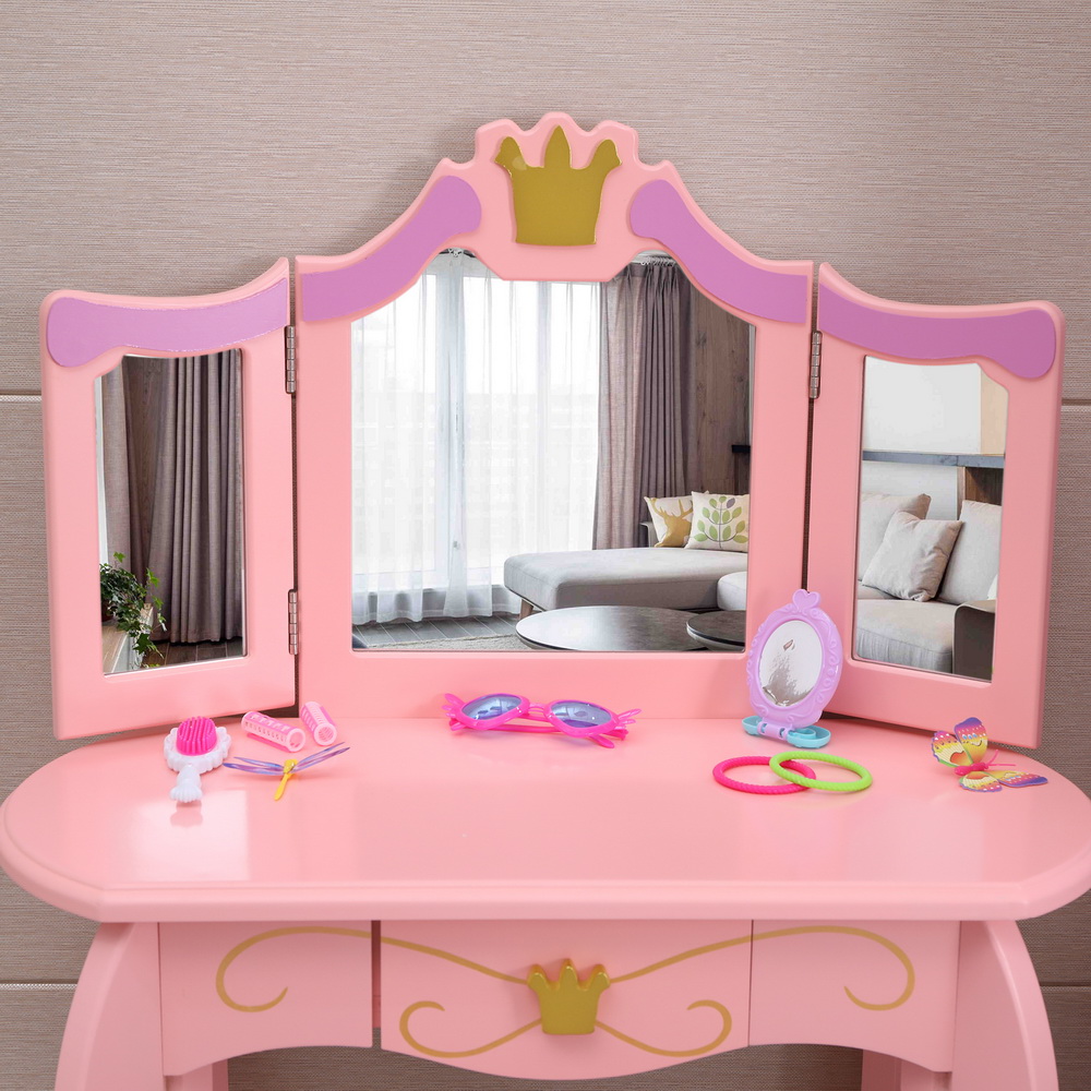 Details about  / Children/'s Table Chair Set Kids Vanity Makeup Dressing Furniture w//Mirror/&Drawer