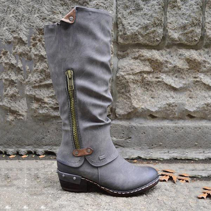 WOMENS KNEE HIGH FLAT LADIES BLOCK HEEL BIKER RIDING WINTER ZIP SHOES BOOTS SIZE