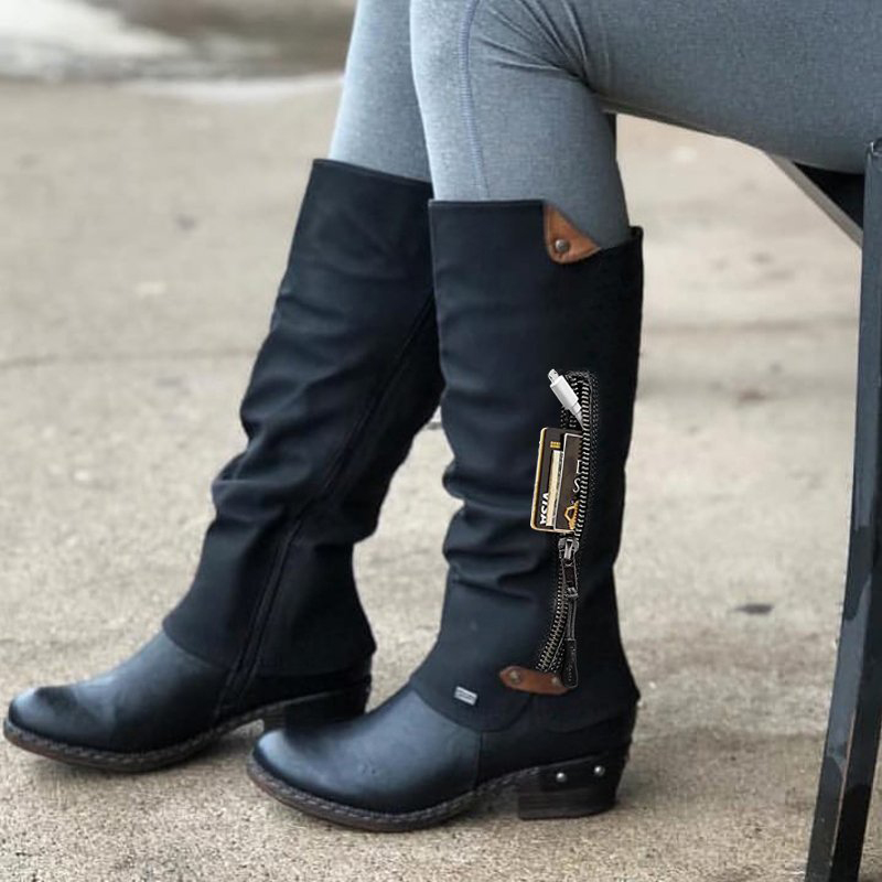 WOMENS KNEE HIGH FLAT LADIES BLOCK HEEL BIKER RIDING WINTER ZIP SHOES BOOTS SIZE