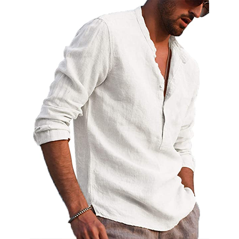 Mens Henley Cotton Linen Shirts Soft Casual Long Sleeve V Neck Solid