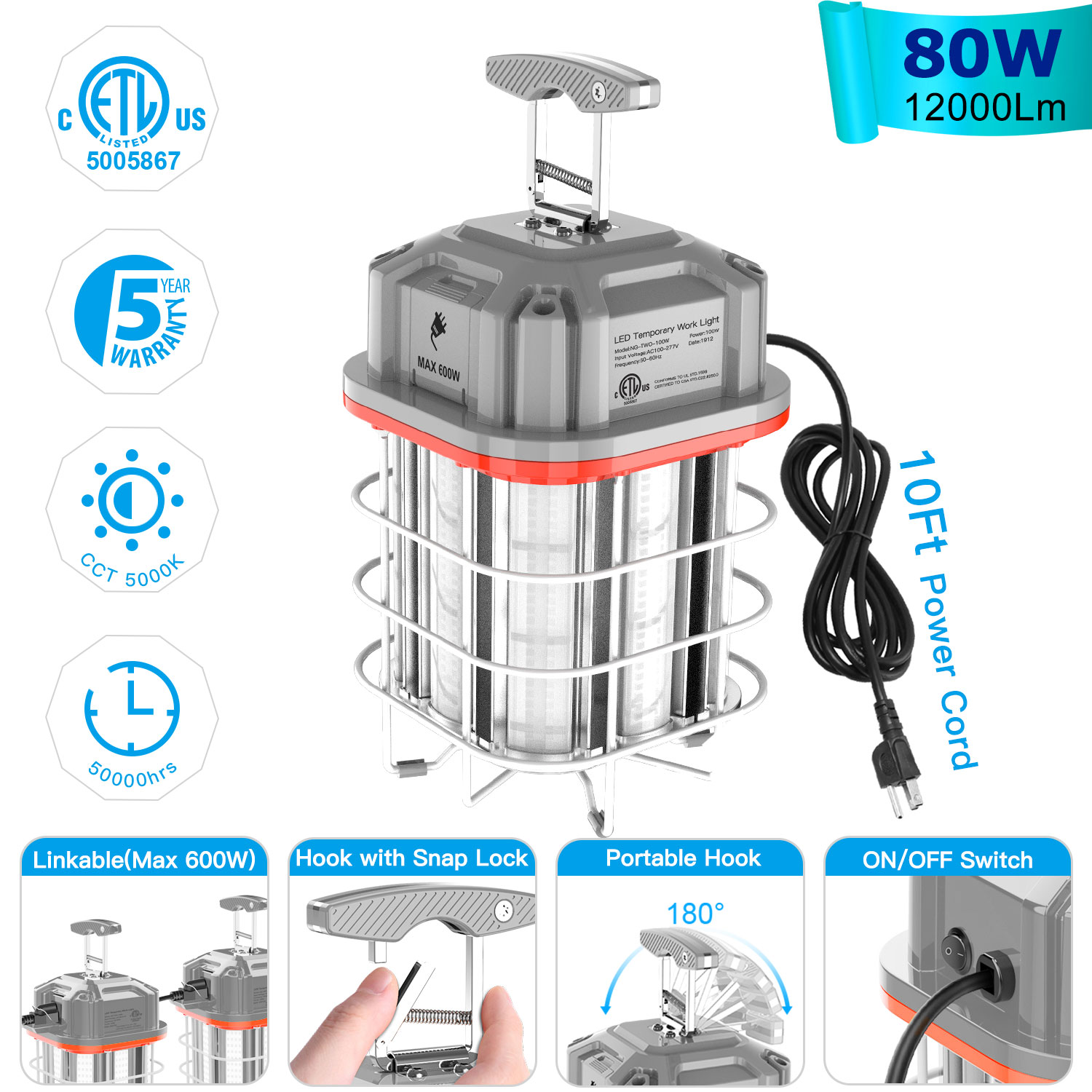 80W-150W LED Temporary Work Light Linkable Construction Jobsite Lighting Fixture - Picture 12 of 19