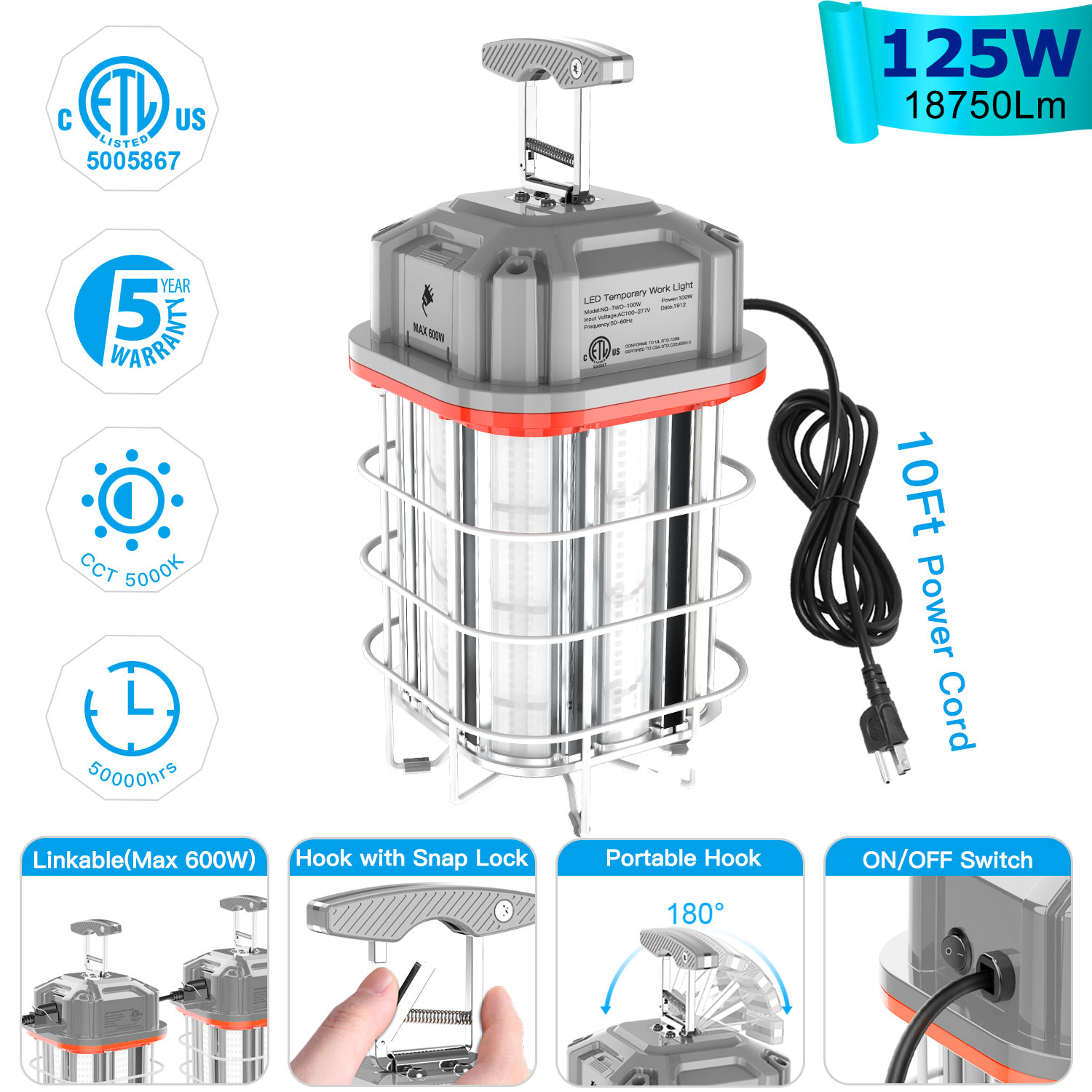 80W-150W LED Temporary Work Light Linkable Construction Jobsite Lighting Fixture - Picture 16 of 19