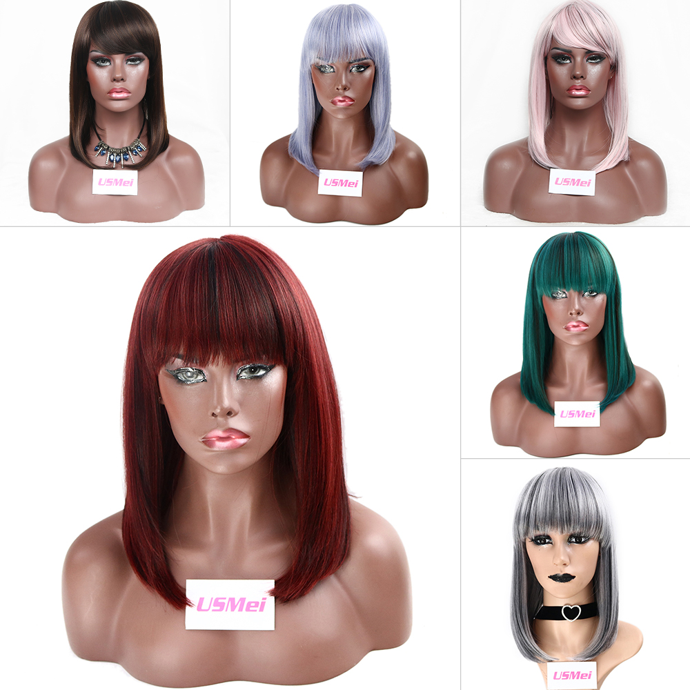 Bob Straight Wigs W Bangs Ombre Pink Brown Synthetic Hair Cosplay