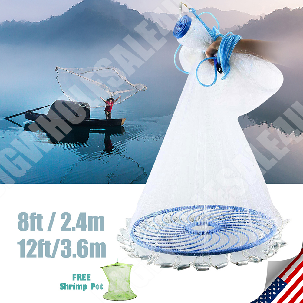 8ft Hand Cast Fishing Net Spin Network Easy Throw Bait Nylon Mesh NEW