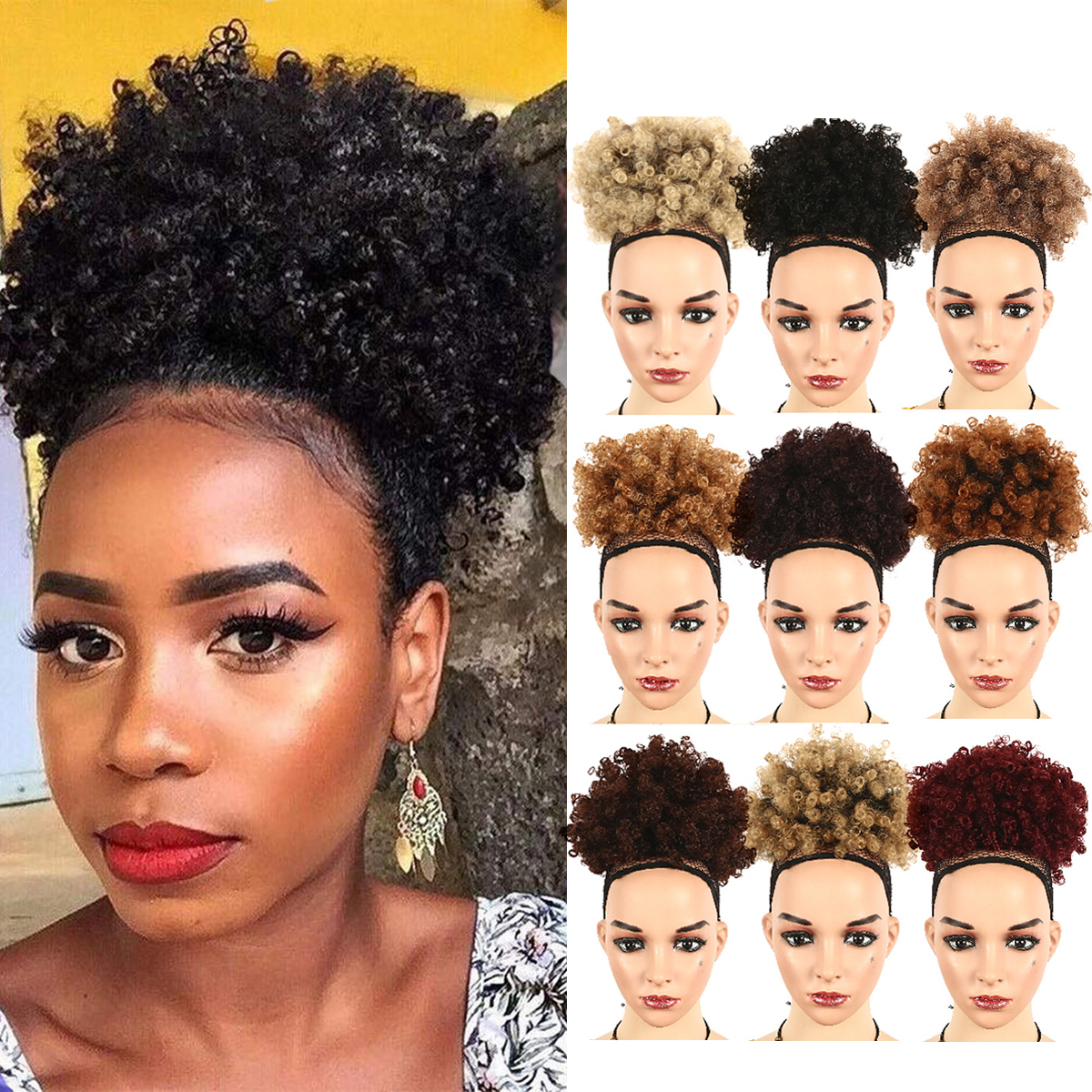 Kinky Puff Afro Hair Bun Kinky Curly Clip In Hairpiece Ponytail