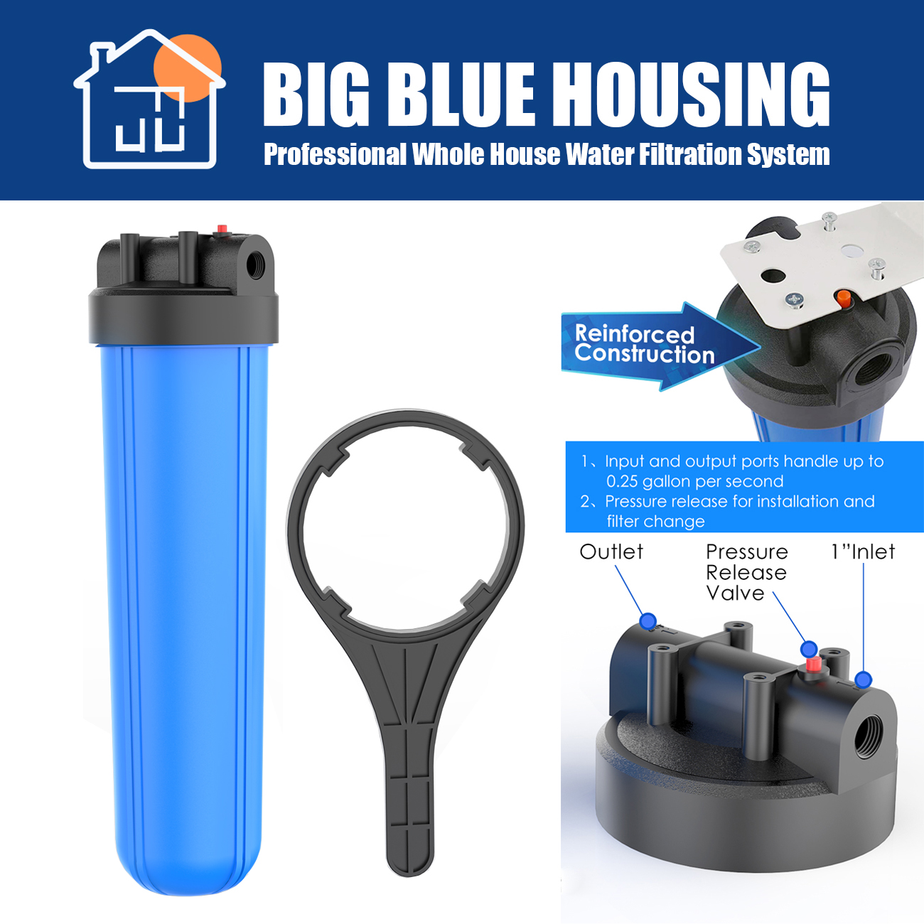 20" x 4.5 Household System Big Blue Water Filter Housing High Water