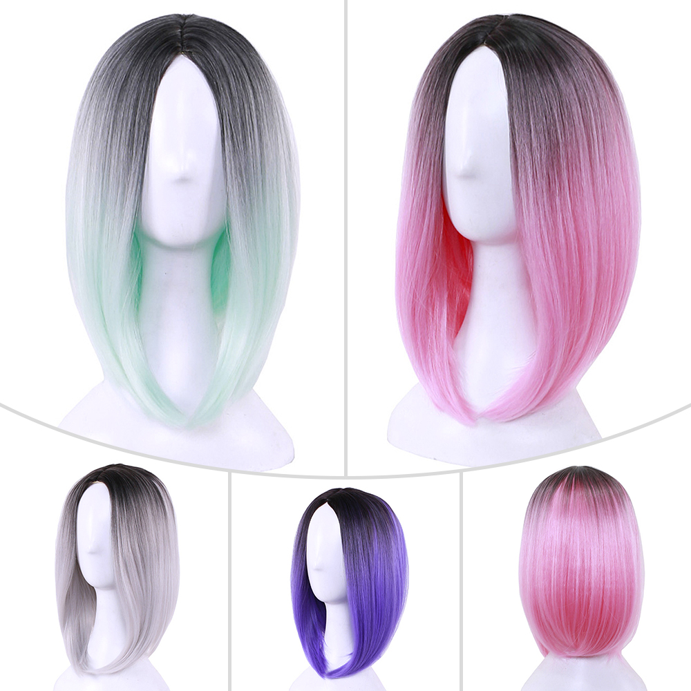 Ladies Synthetic Hair Medium Straight Wigs Ombre Black Pink Purple