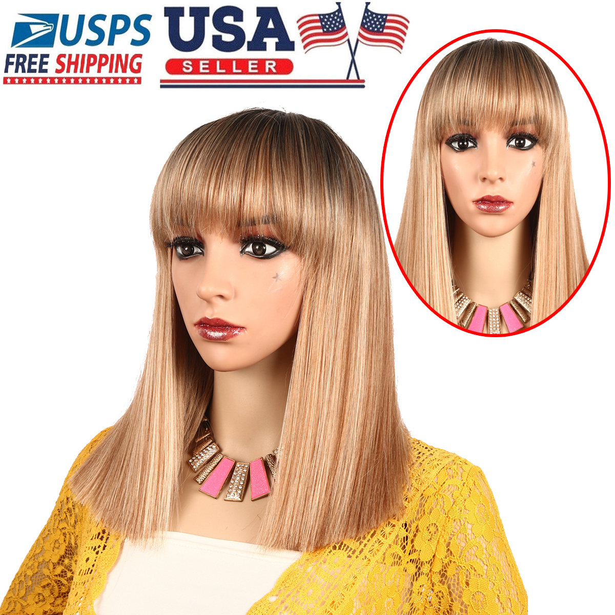 Details about Long Bob Straight Synthetic Hair Wig Ombre Blonde Bob Side Part Dark Roots Wigs