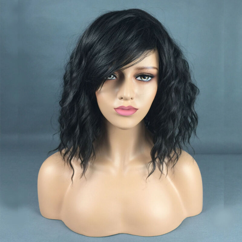 Women Fashion Short Black Curly Wig Side Part Shoulder Length Wavy Hair