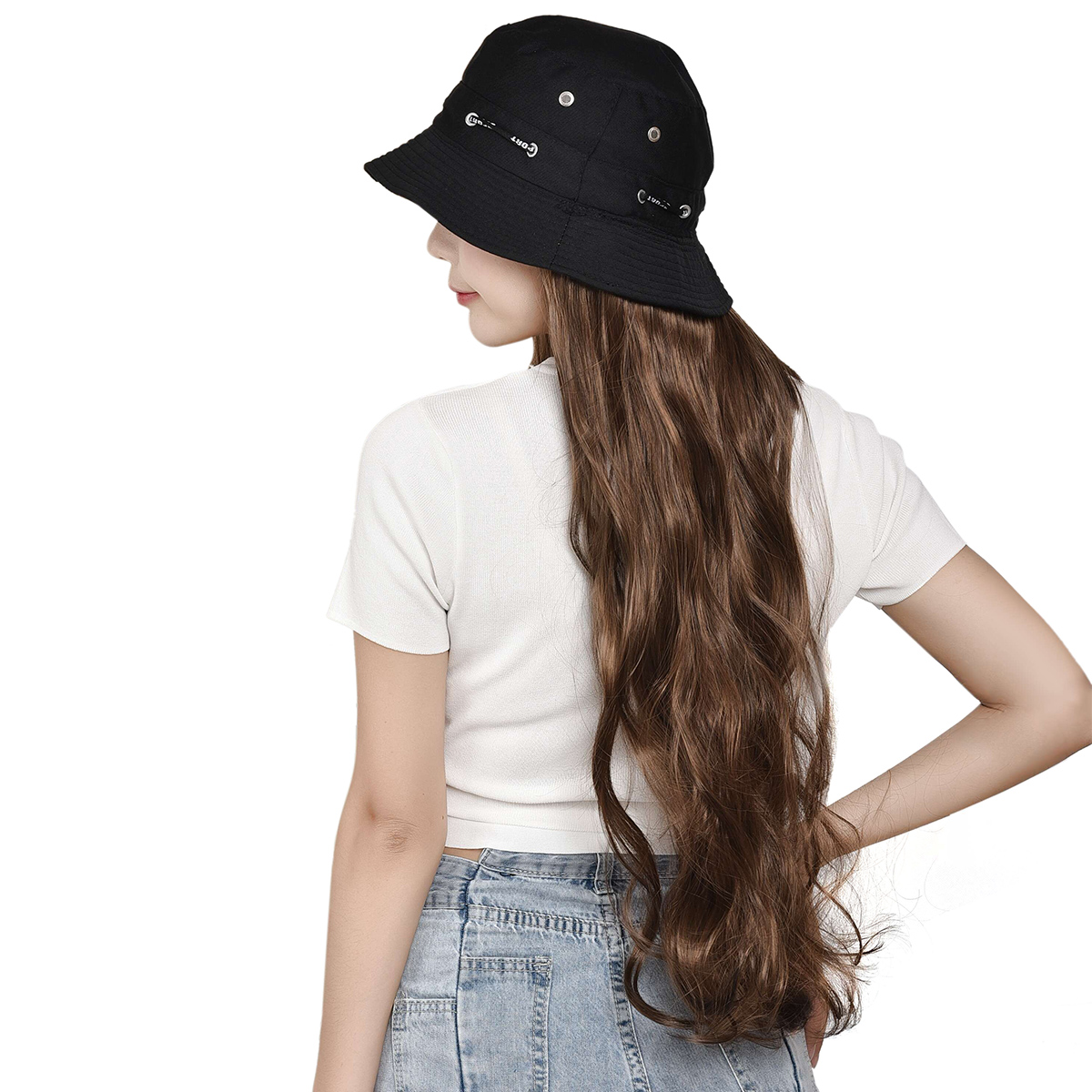 24" Stylish Women Synthetic Cap Wig With Bucket Hat Long ...