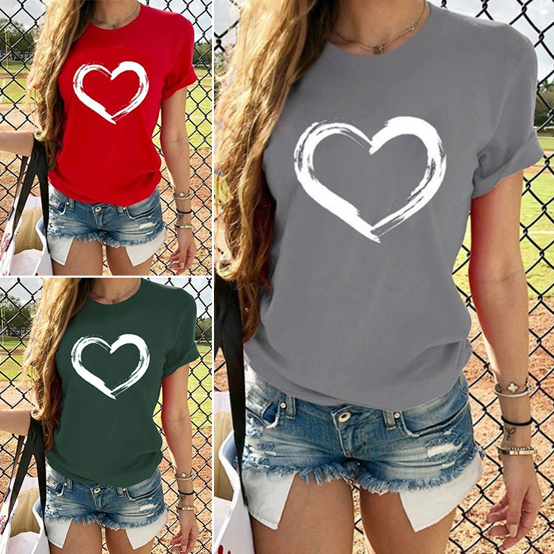 USA Women Ladies Short Sleeve T Shirt Tops Blouse Heart Printed Casual Tee Tops