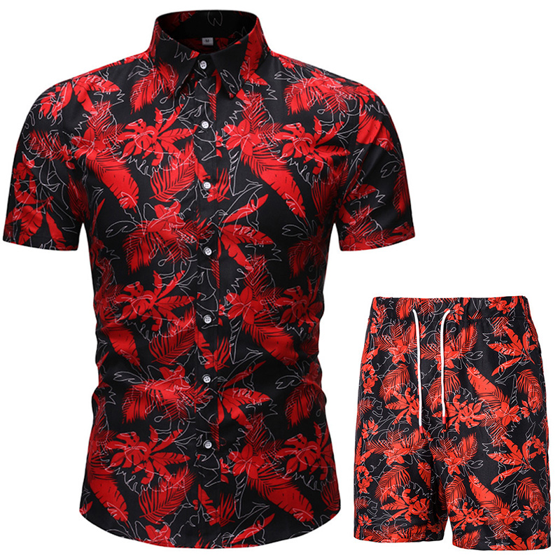 KISSQIQI Men's 2 Piece Tracksuit Floral Hawaiian Shirt Short Sleeve Shirts and Shorts 