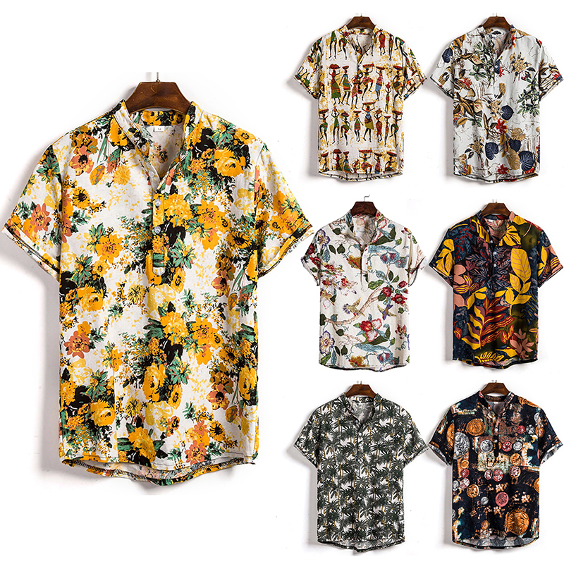 Mens Linen Short Sleeve Printed Shirts Blouse Summer Beach Hawaiian 