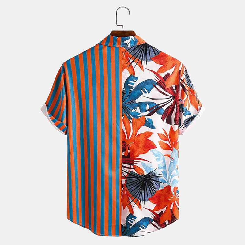 Men's Hawaiian Striped Button Down Shirts Summer Beach Casual T-Shirt ...