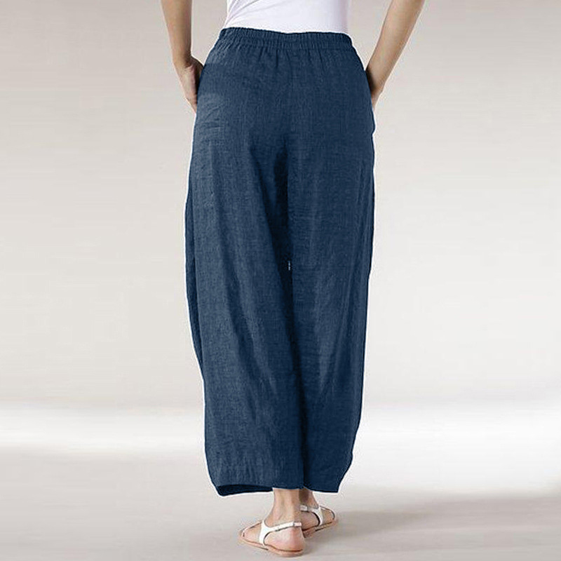 Womens Casual Cotton Linen Baggy Wide Leg Pants Solid Palazzo Flared ...