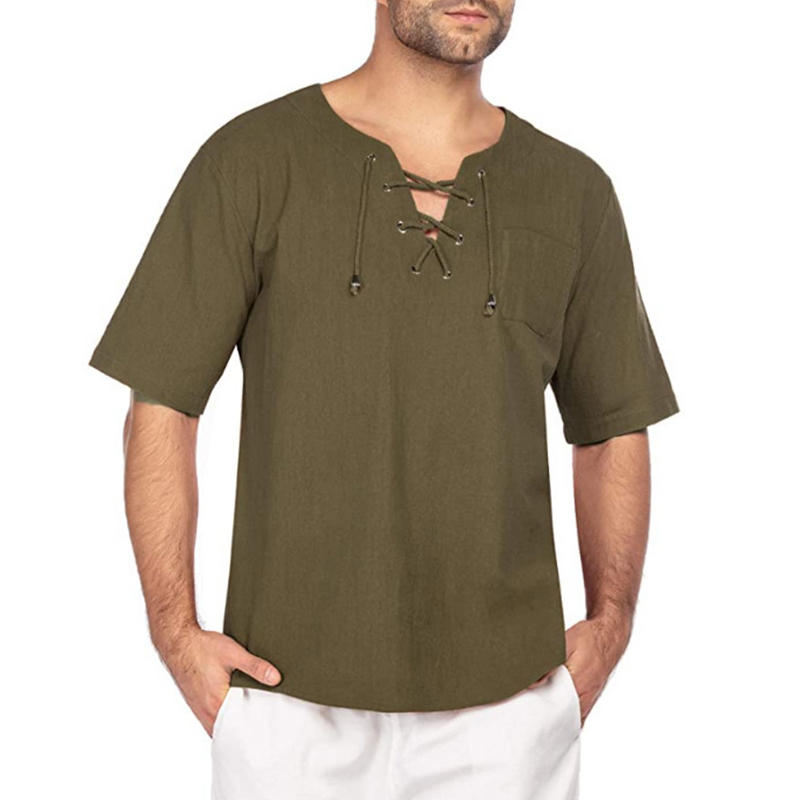 Mens T-Shirt,Mens Cotton Linen Printed Short Sleeve Casual Henley Shirts Tie Summer Tops with Button Shirt