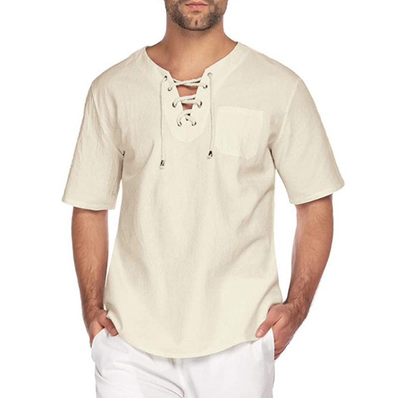 2019 Cotton Linen Shirts Beautyfine Mens Pocket Stripe Short Sleeve Retro T Shirts Tops Blouse