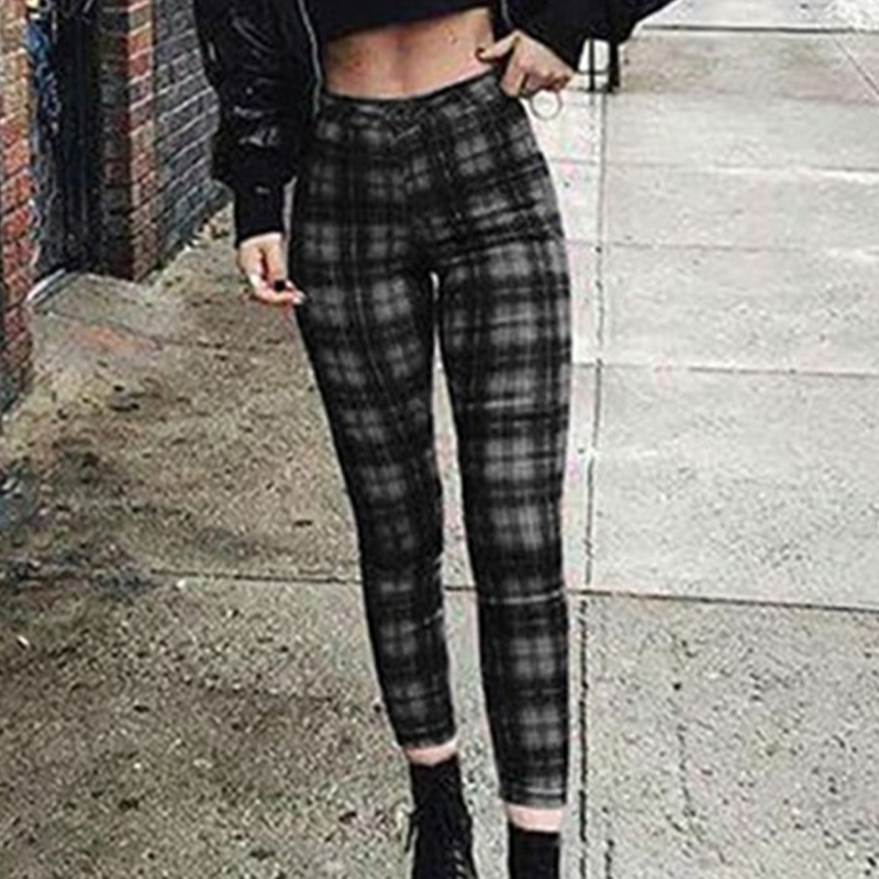 Womens High Waist Plaid Print Trousers Ladies Stretch Fit Casual