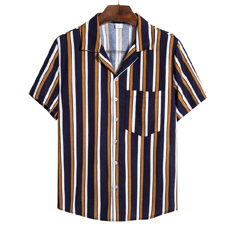 Mens Striped Casual Short Sleeve Shirts Summer Cotton Linen Buttons ...