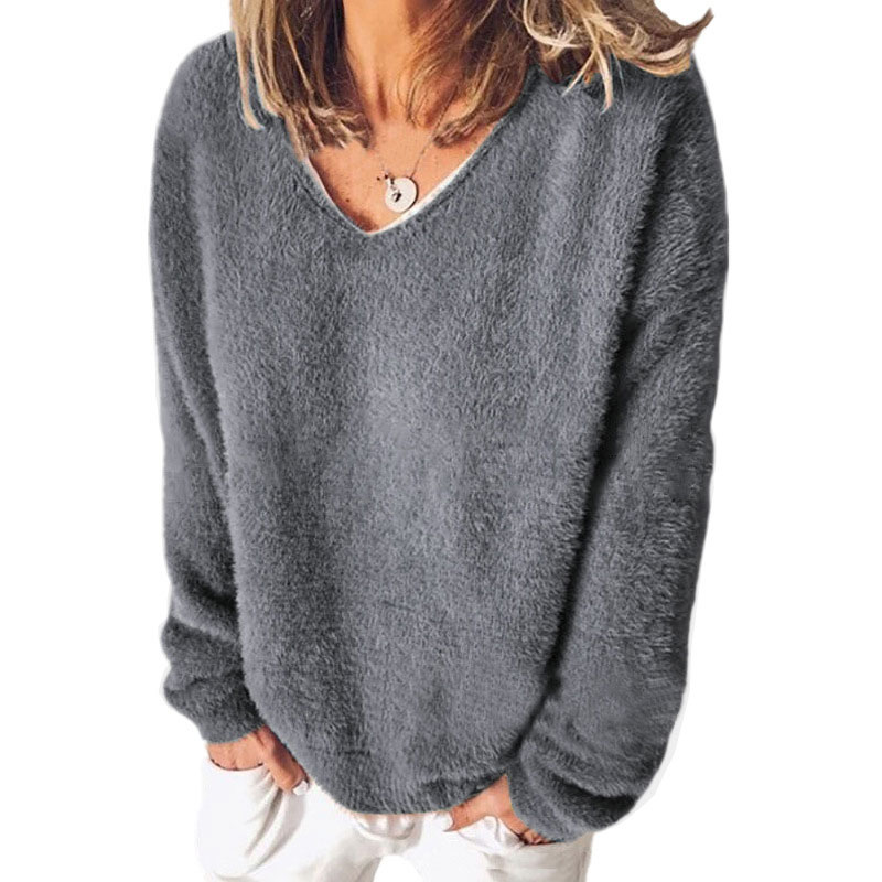 FORUU Fashion Autumn Deep V-Neck Long Sleeve Solid Color Sweater Blouse Plus Womens Sweatshirt 