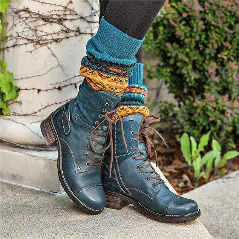 Women Cowboy Midcalf Ankle Boot Martin Combat Military Buckle Casual Shoe 