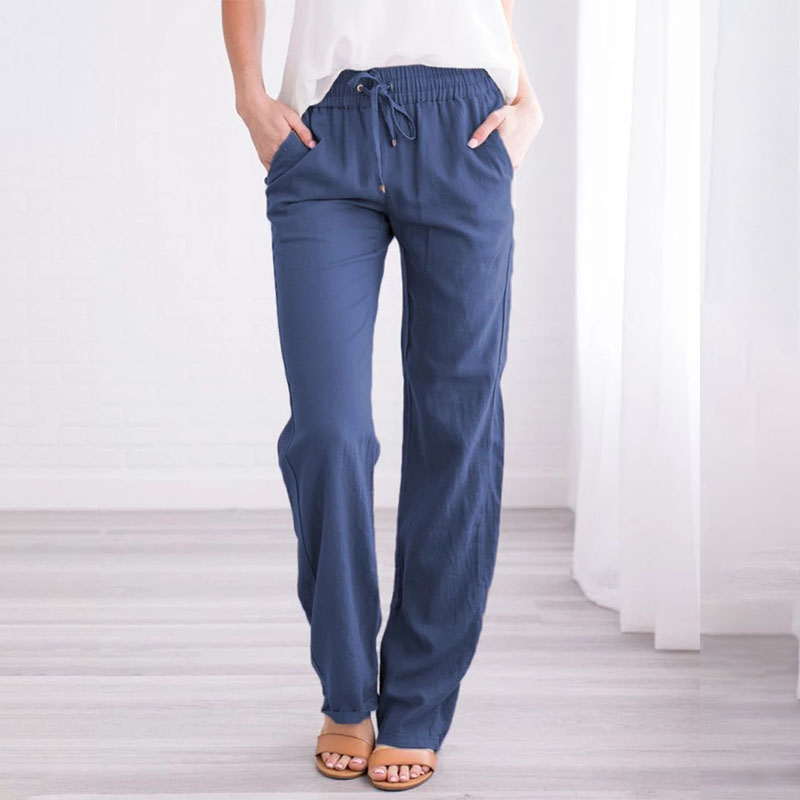 Women Linen Trousers Summer Spring Long Pant Ladies Elastic Waist Pcket Bottoms - Picture 15 of 18