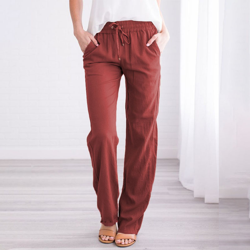 Women Linen Trousers Summer Spring Long Pant Ladies Elastic Waist Pcket Bottoms - Picture 16 of 18