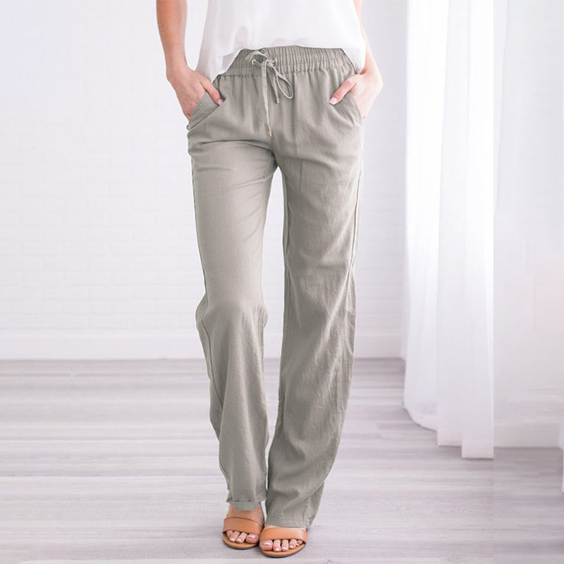 Women Linen Trousers Summer Spring Long Pant Ladies Elastic Waist Pcket Bottoms - Picture 17 of 18