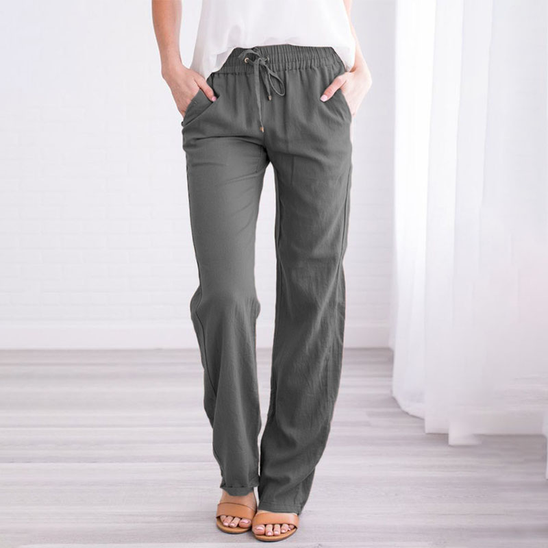 Women Linen Trousers Summer Spring Long Pant Ladies Elastic Waist Pcket Bottoms - Picture 18 of 18