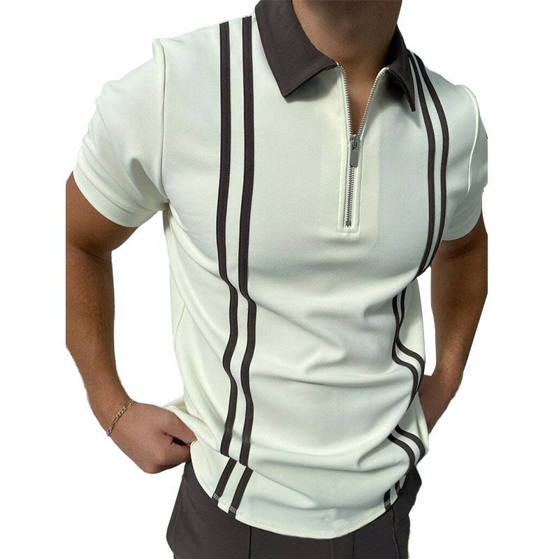 Polo T Shirts Men Zipper Collar Fashion Casual Golf 2 Tone Dress 