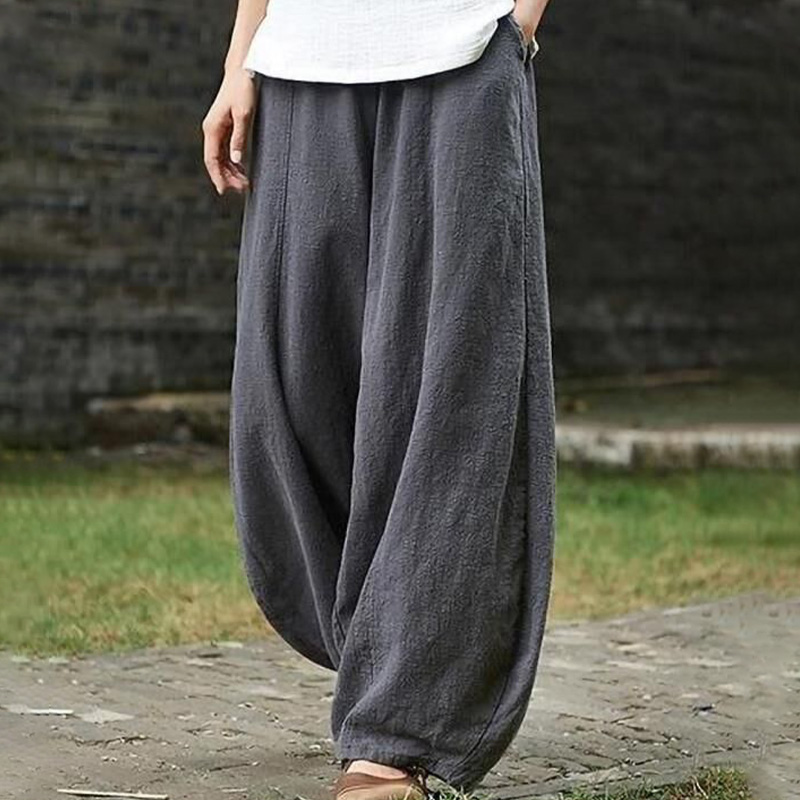 Vintage Boho Wide Leg Trousers for Women Plus Size Cotton Linen Harem Pants  with Patchwork Pockets Elastic Waist Casual Loose Beach Pants :  : Fashion