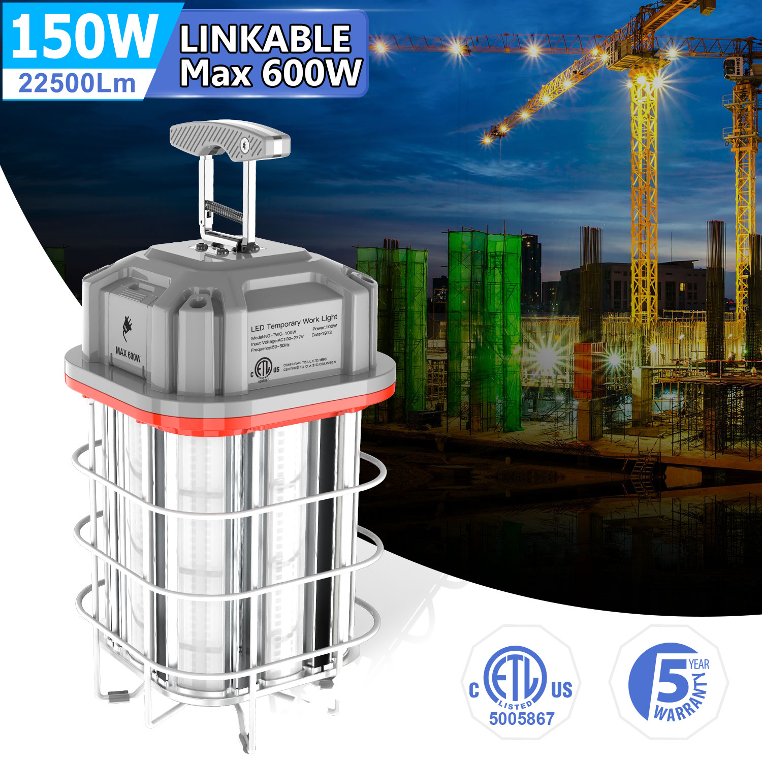 LED Temporary Work Light 80W 100W 125W 150W Linkable Warehouse Workshop Lighting - Picture 18 of 19