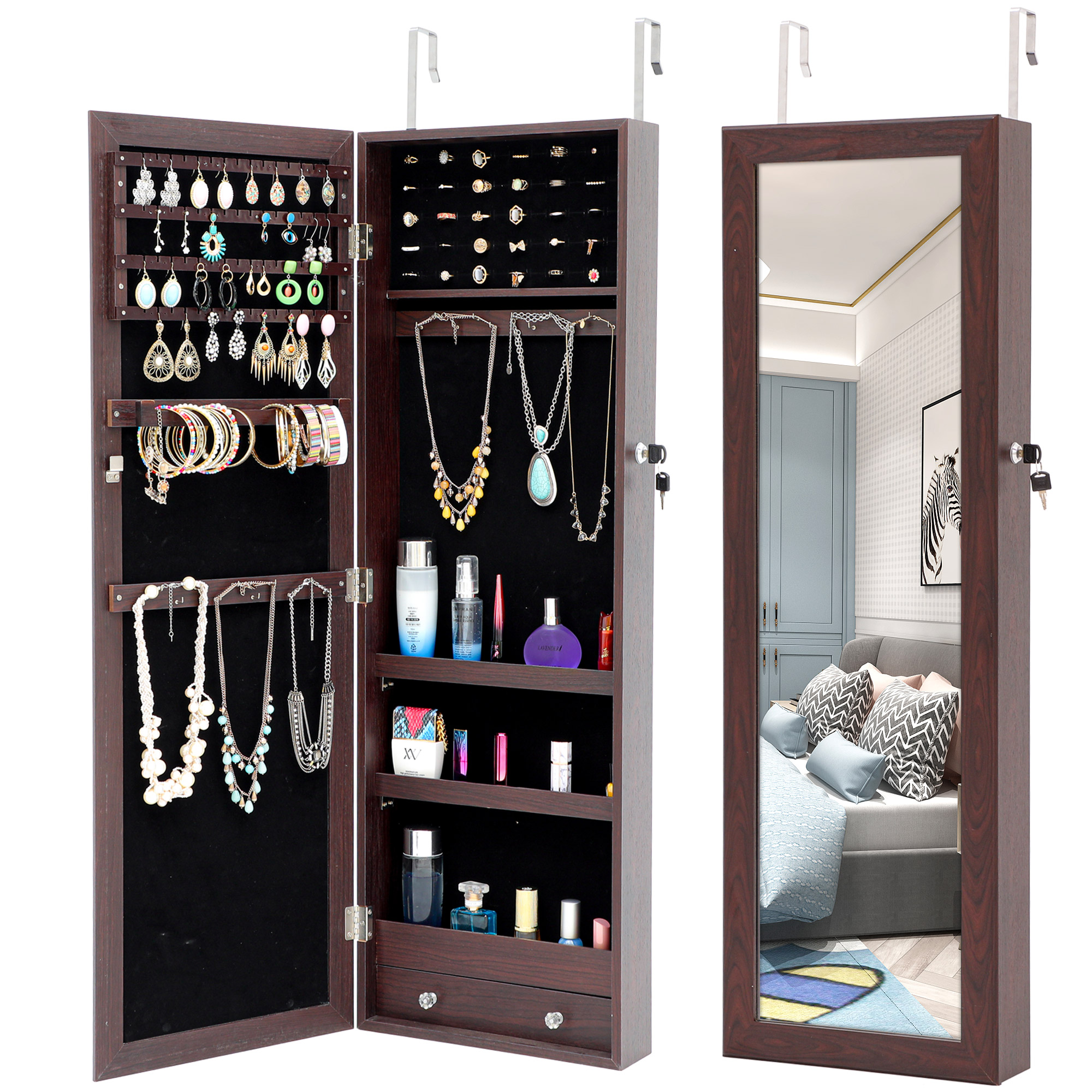 Jewelry Cabinet with Full Body Mirror Freestanding Storage  Earrings Organizer 