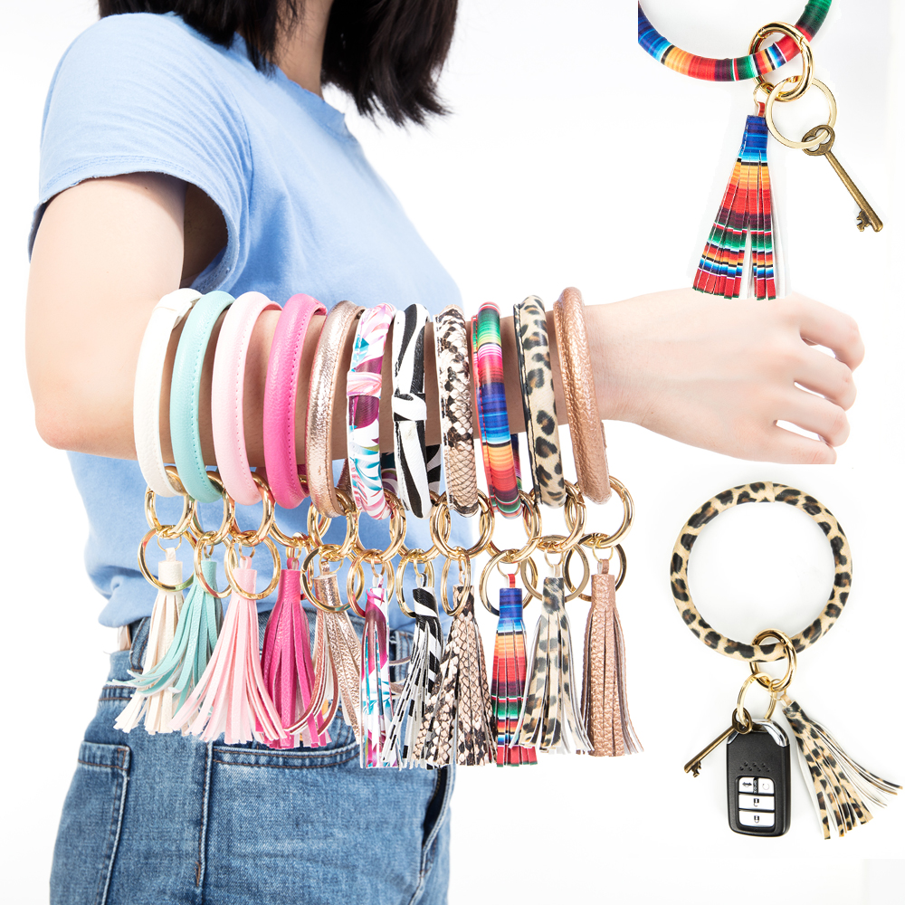 Girl Fashion Leather Round Key Ring Bracelet/wallet Key Ring Tassel