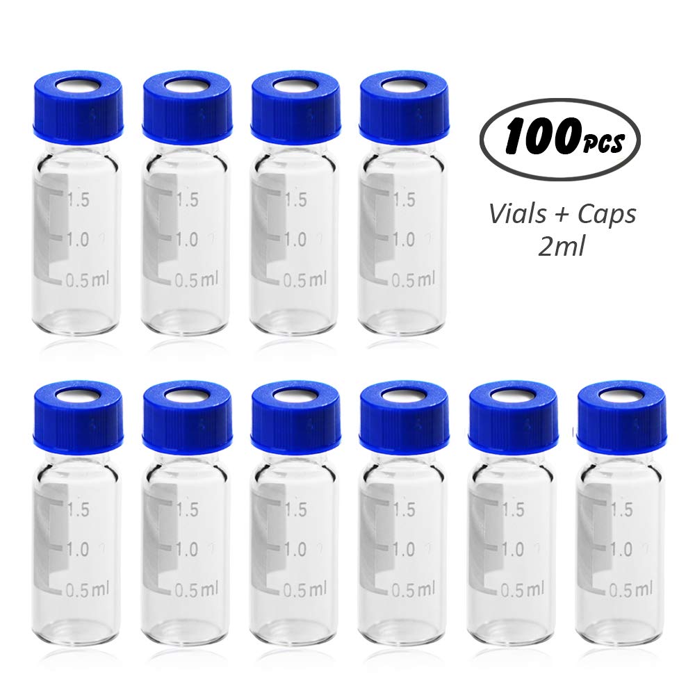 100Pcs 2ml Glass Vials Bottles Clear Containers w/ lids and septa for ...