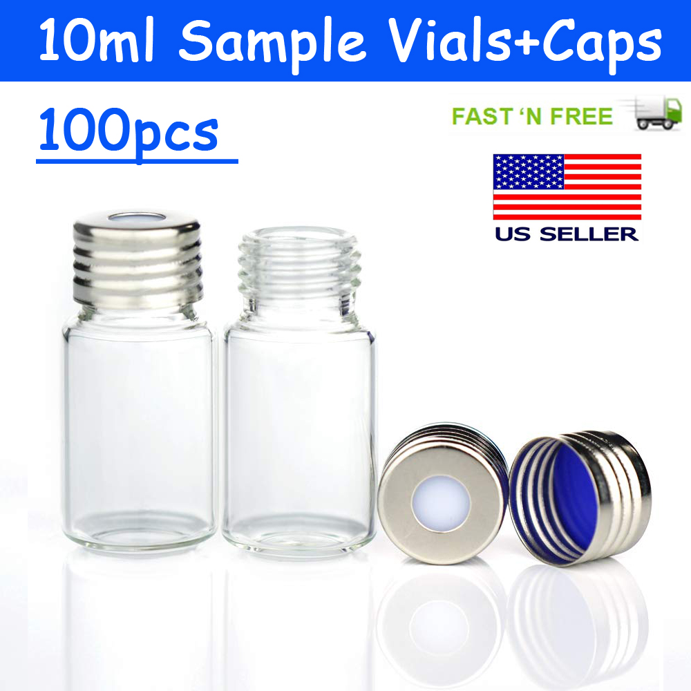 100pcs Lab Sample Vials+Caps 10ml Glass Bottle Aluminum Screw Lids Top