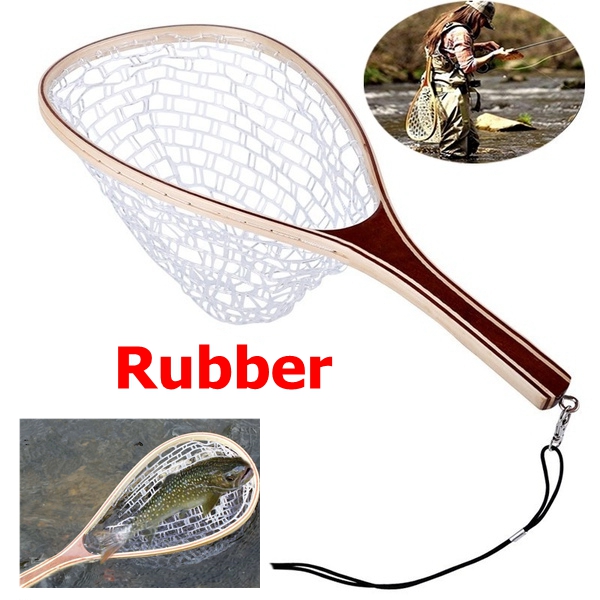 Fly Fishing Landing Net Trout Net Wooden Handle Rubber Catch Release Fish Tool eBay