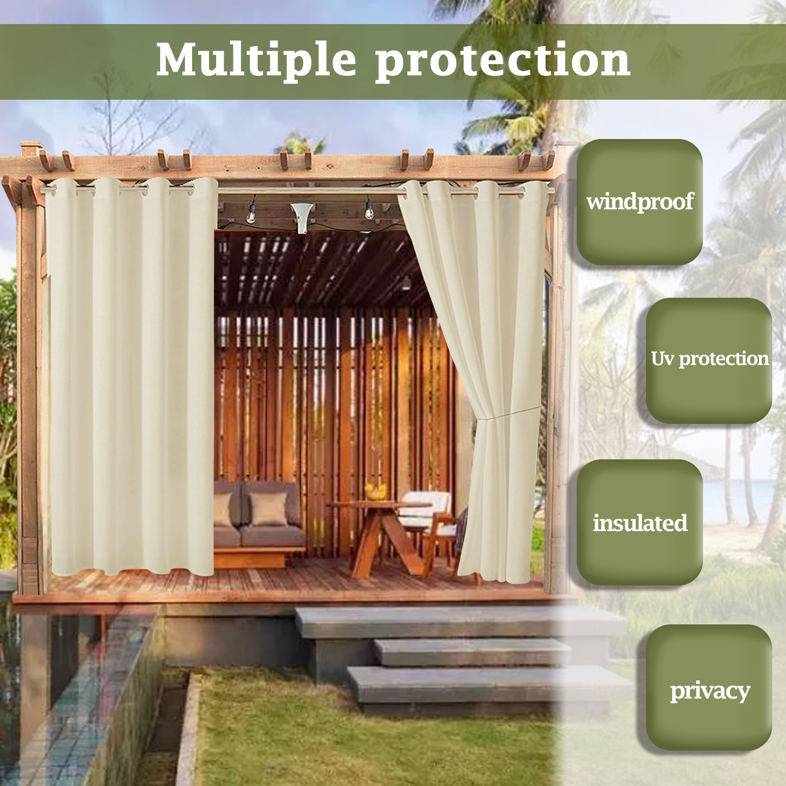 1/2/4Panels Waterproof Outdoor Curtains for Patio Thermal Insulated Sun Blocking - Picture 5 of 12