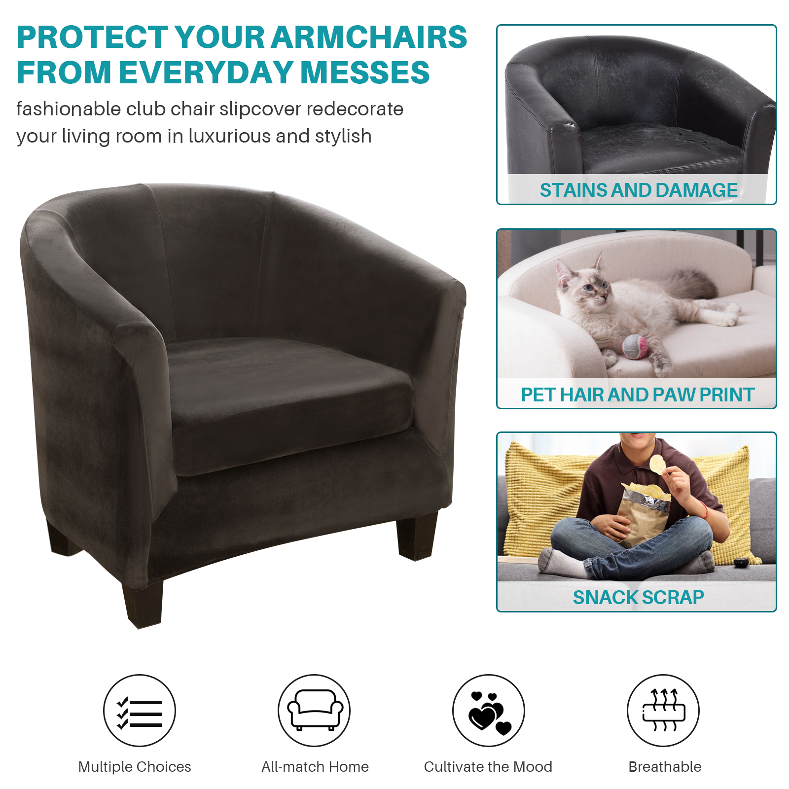 2-Piece Stretch Velvet Tub Chair Cover Armchair Slipcover Furniture Protector - Picture 32 of 103