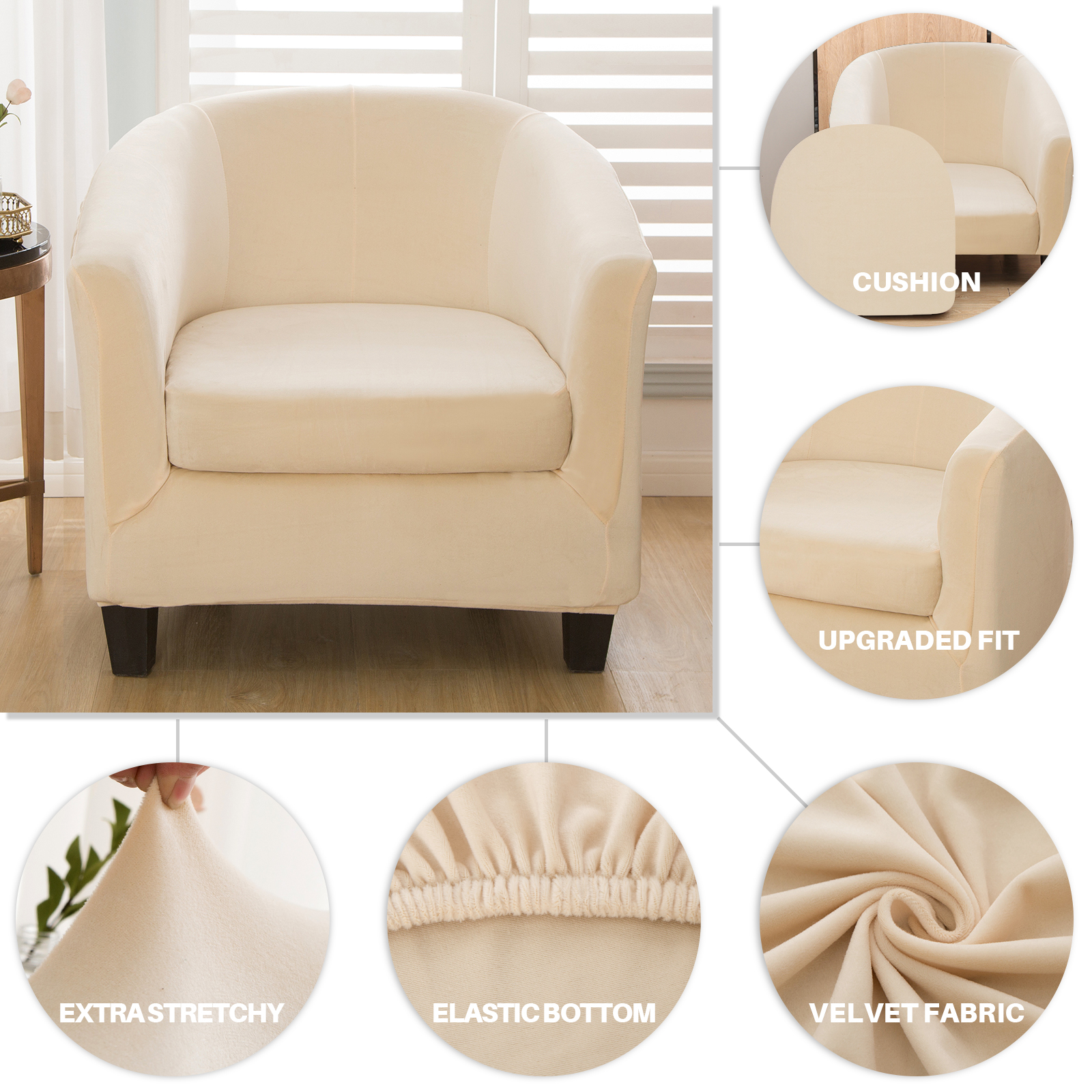 2-Piece Stretch Velvet Tub Chair Cover Armchair Slipcover Furniture Protector - Picture 89 of 103