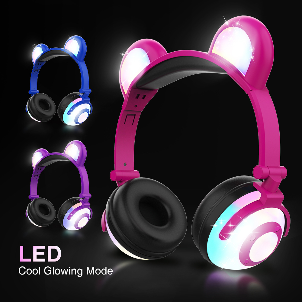 Cute Kids Bear Ear Bluetooth Headphones Audio Wireless LED Mic Stereo