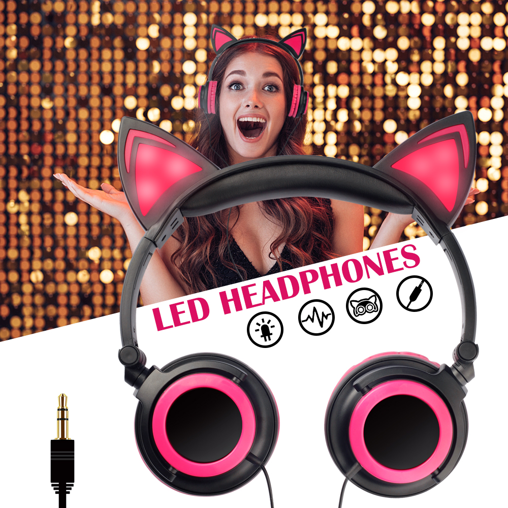 Pink Cute Kids Cat Earphones Headphones LED Foldable Flashing Glowing ...