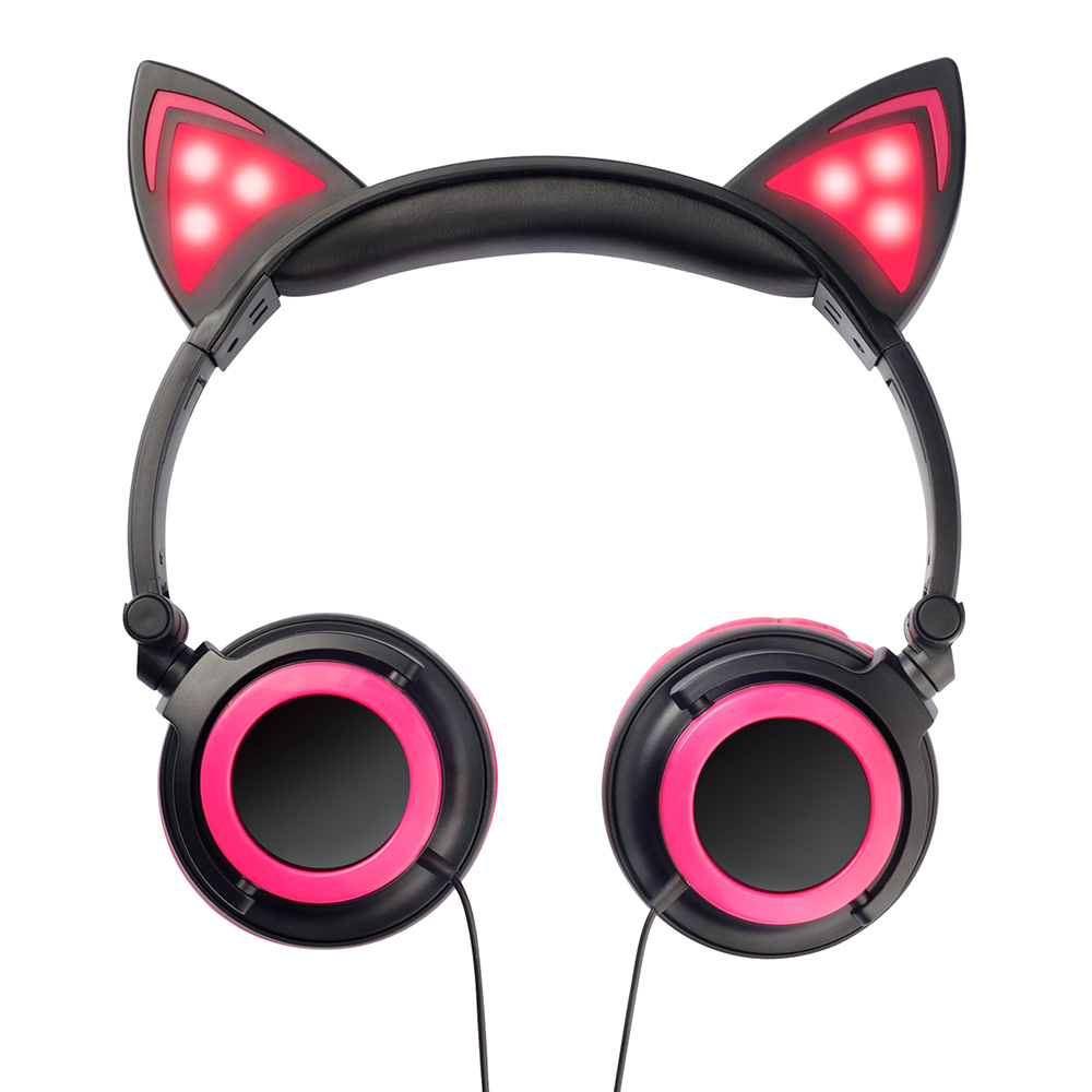 Pink Cute Kids Cat Earphones Headphones LED Foldable Flashing Glowing ...