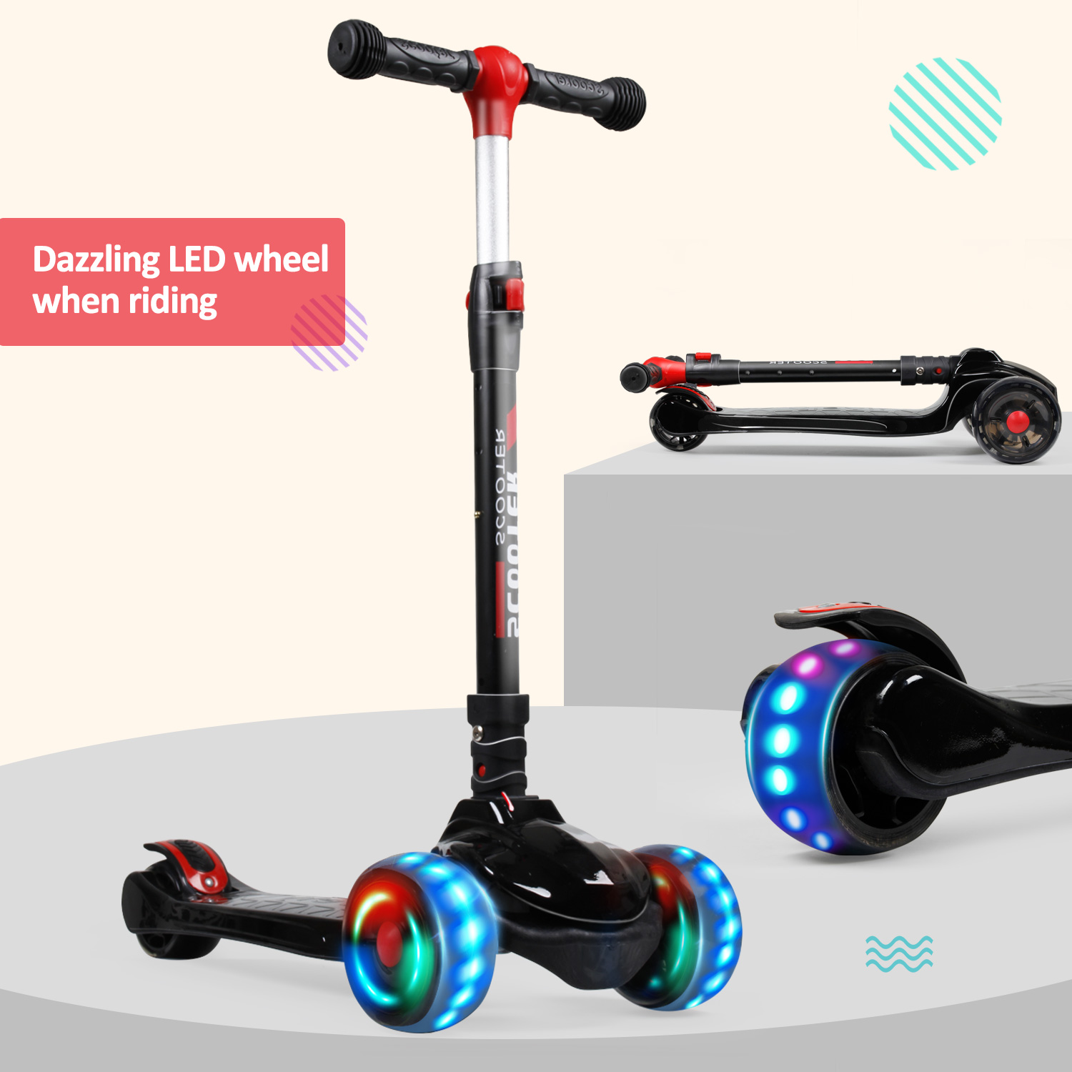 LED Scooter For Kids Deluxe 3 Wheels Glider Adjustable Kick Scooters
