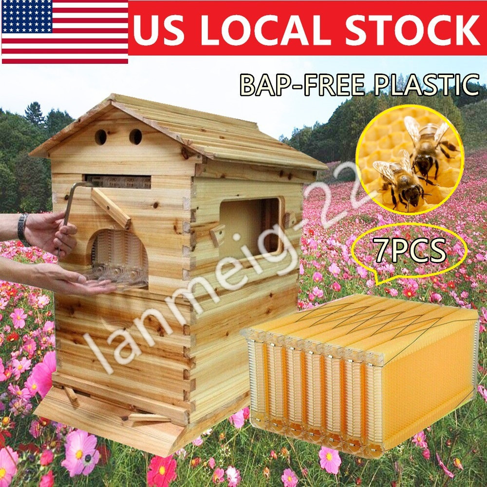 7 PCS Free Flowing Honey Hive Beehive Frames+ Beekeeping Brood Cedarwood Box Set