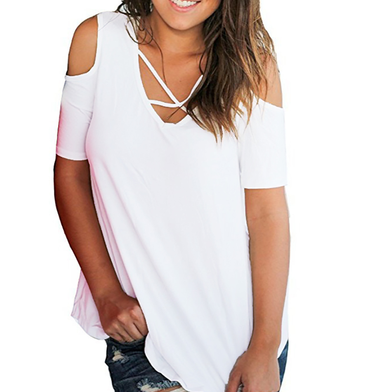 Women Cold Shoulder Summer Tops Ladies Short Sleeve Blouse Loose Casual