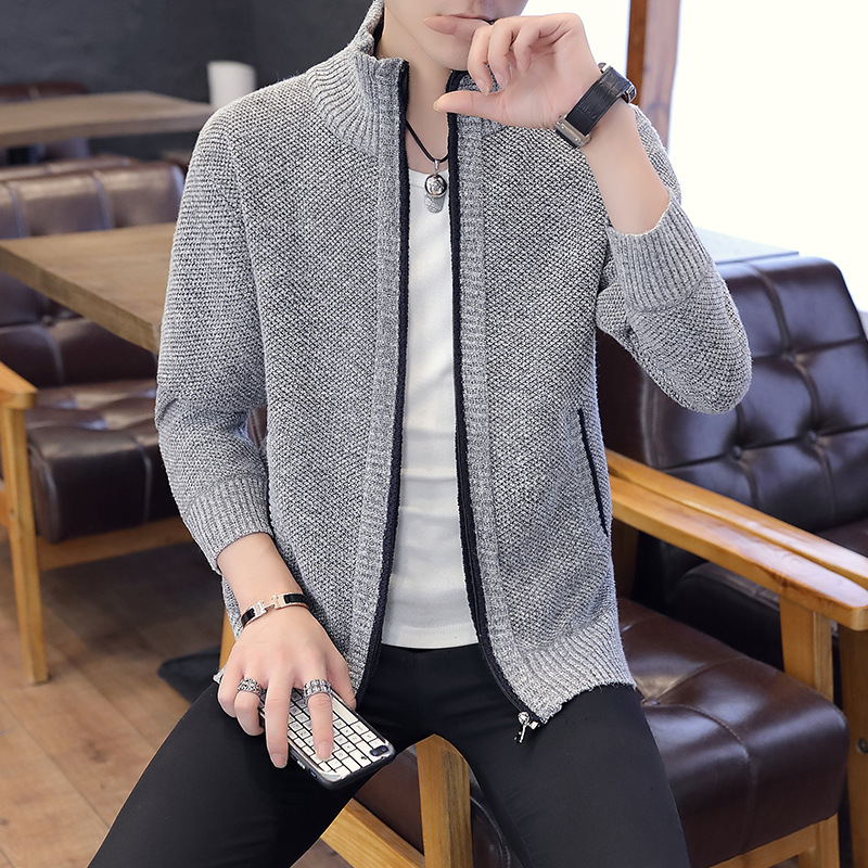 Fashion Men's Knit Cardigan Sweaters Slim Fit Full Zip Hooded Stand-up ...