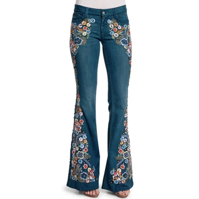 US Women Floral Denim Jeans Ladies High-Waist Bell-bottom Wide Leg ...