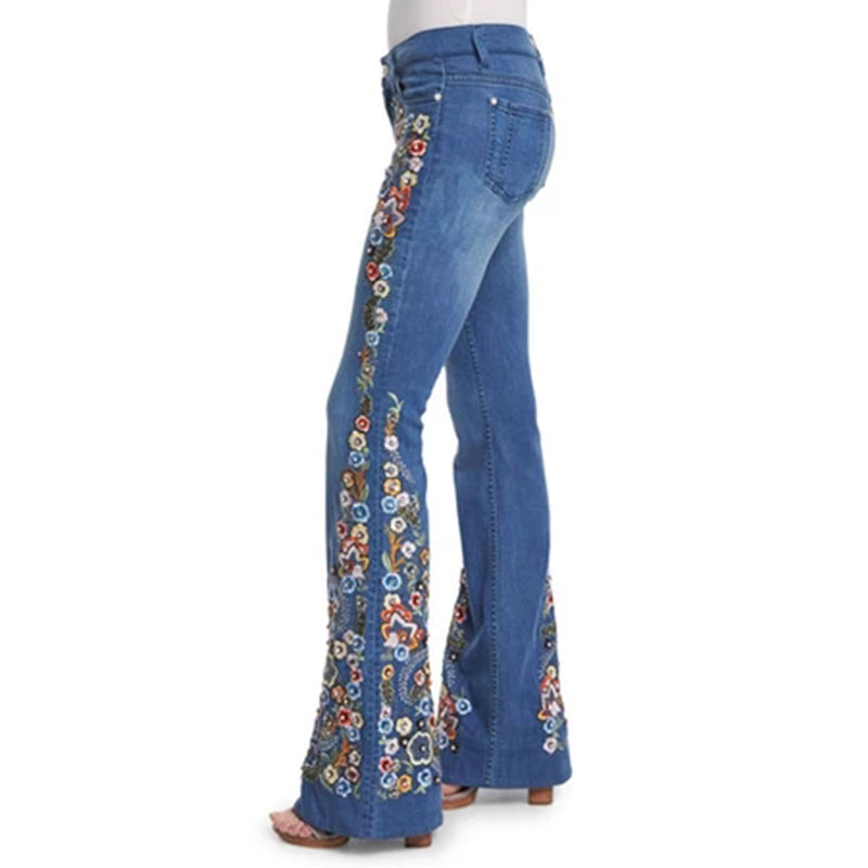 Us Women Floral Denim Jeans Ladies High Waist Bell Bottom Wide Leg Street Pants Ebay